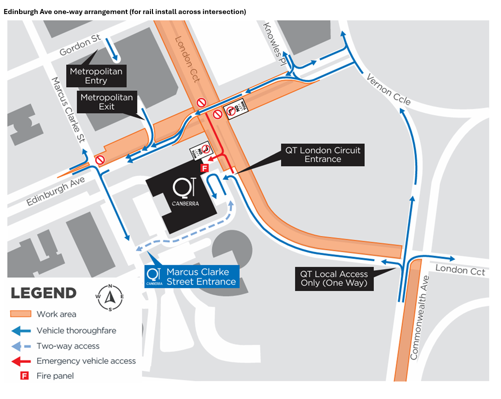Edinburgh Ave one-way arrangement (for rail install across intersection)